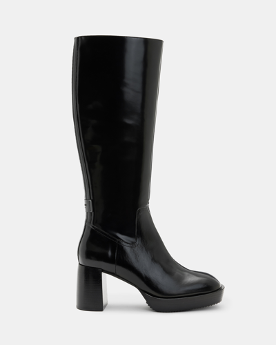 Allsaints Pip Knee High Leather Boots In Black Shine