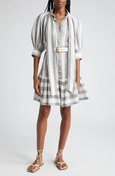 Zimmermann Matchmaker Swing Stripe Button-up Minidress In Blue