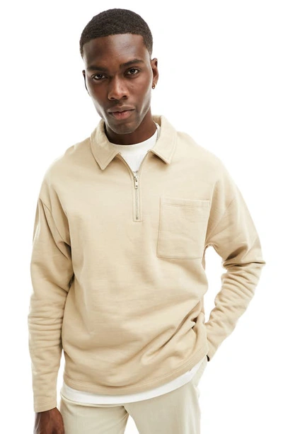 Asos Design Sweatshirt With Half Zip In Beige-neutral
