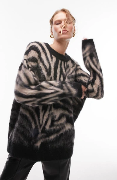 Topshop Knitted Zebra Print Fluffy Jumper In Neutral