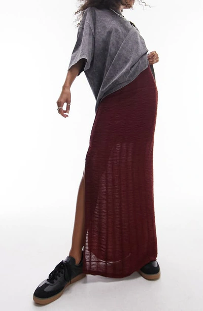 Topshop Textured Check Maxi Skirt In Berry In Red