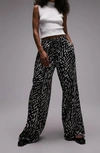 Topshop Animal Printed Satin Wide Leg Pants In Mono-multi In Black Multi