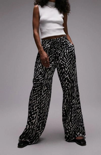 Topshop Animal Printed Satin Wide Leg Trousers In Mono-multi