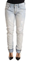 Acht Light Blue Distressed Cotton Folded Hem Denim Trouser Jeans In Light-blue
