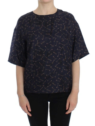 Dolce & Gabbana Blue Gold Key Print Silk Blouse