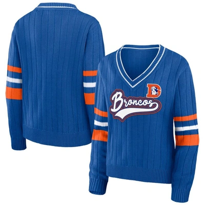 Wear By Erin Andrews Royal Denver Broncos Throwback V-neck Sweater