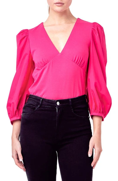 English Factory Women's Puff Sleeve Mixed Media Top In Magenta