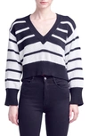 English Factory Stripe V-neck Cotton Crop Sweater In Black/ White