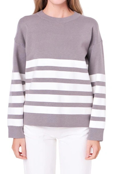 English Factory Women's Stripe Round Neck Sweater In Heather Grey,white