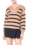 English Factory Striped Knit Zip Pullover In Tan/ Black