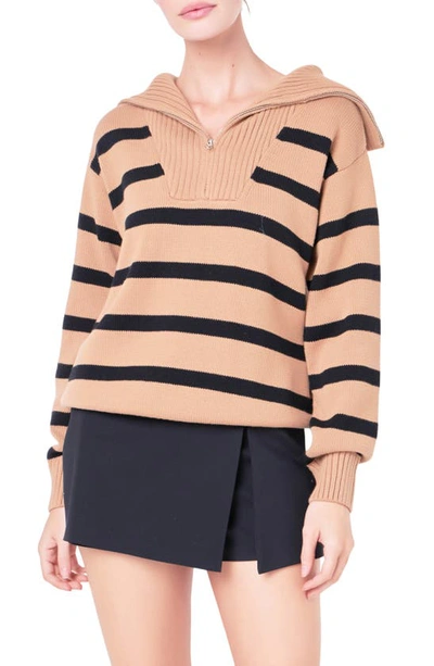 English Factory Striped Knit Zip Pullover In Heather Grey,white