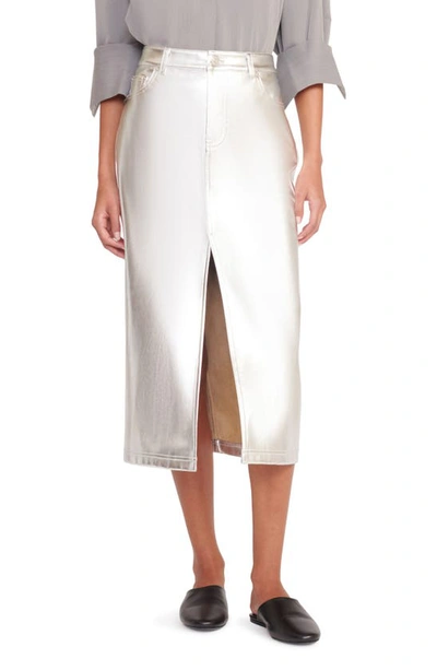 Staud Oaklyn Metallic Denim-style Midi Skirt In Silver