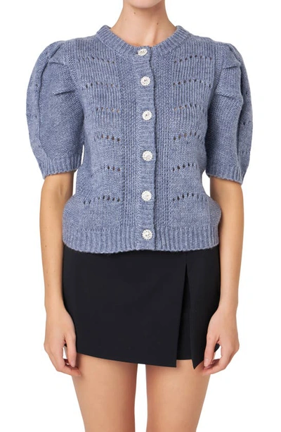 English Factory Women's Short Puff Sleeve Knit Cardigan In Heather Blue