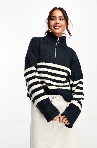 Asos Design Relaxed Sweater With Zip Collar In Stripe-multi