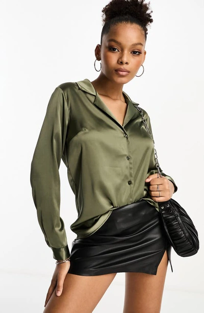 Asos Design Relaxed Satin Long Sleeve Shirt In Khaki-green