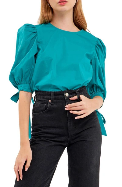 English Factory Bow Banded Puff Sleeve Blouse In Green