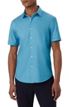 Bugatchi Tech Slub Knit Short Sleeve Stretch Cotton Button-up Shirt In Peacock