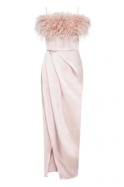 Milla Misty Rose Celina Slip Midi Feathered Dress In Mistyrose #caa39a
