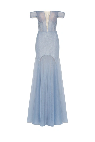 Milla Long Off-the-shoulder Prom Dress With Inner Skirt In Lightblue #95b8d9