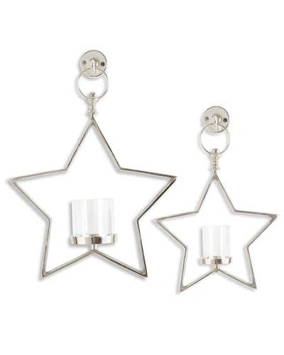 K & K Interiors Set Of 2 Metal Star Hurricane Candleholders In Silver