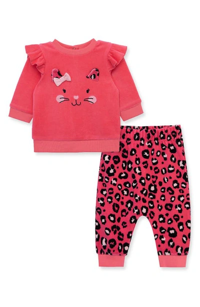 Little Me Baby Girls Leopard Kitty 2-pc. Velour Top & Pants Set In Camelia Rose