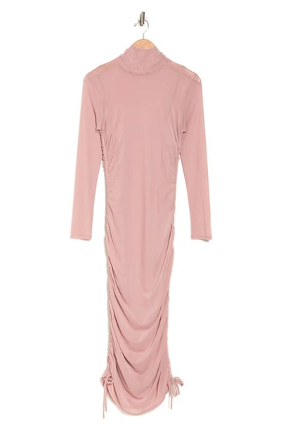 Wayf Ruched Mock Neck Long Sleeve Midi Dress In Mauve