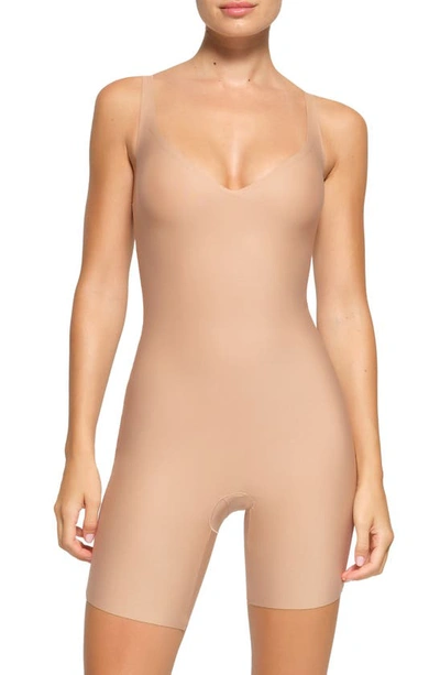 Skims Body Basics Plunge Mid Thigh Shaper Bodysuit In Clay