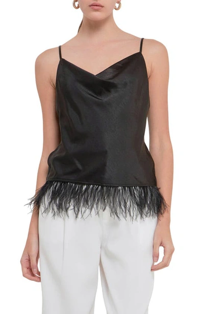 Endless Rose Women's Satin Cowl Neck Top With Feather In Black