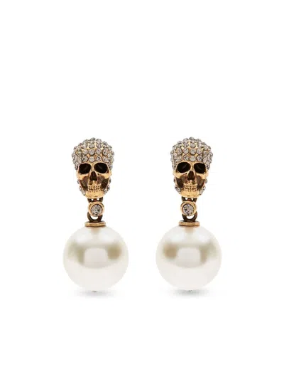 Alexander Mcqueen Skull Pearl Earrings In Gold