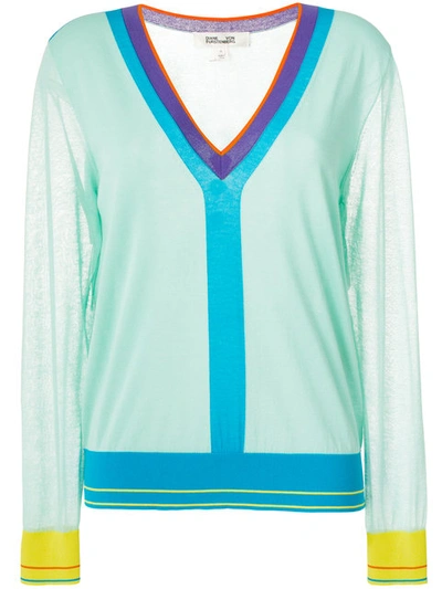 Diane Von Furstenberg Long-sleeve V-neck Pullover Knit Top, Blue In Aqua Combo
