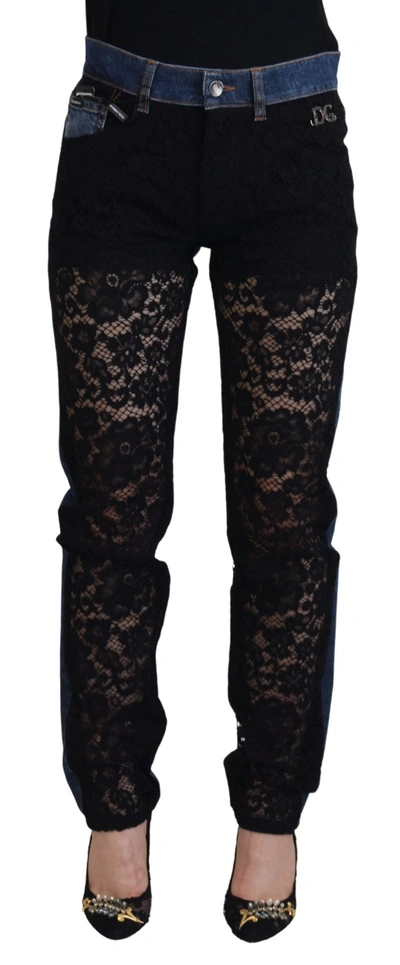 Dolce & Gabbana Black Floral Lace Front Skinny Denim Jeans In Black And Blue