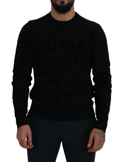 Dolce & Gabbana Black Wool Logo Pattern Crewneck Pullover Jumper