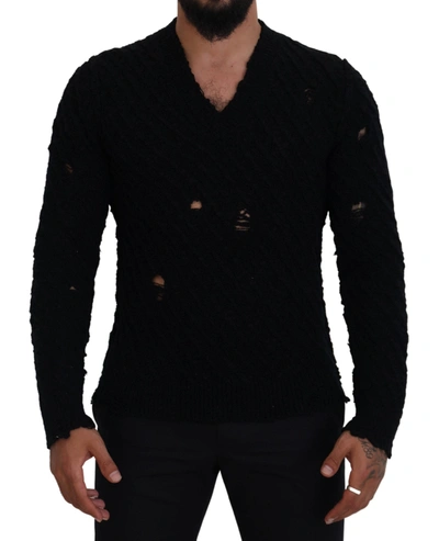 DOLCE & GABBANA DOLCE & GABBANA ELEGANT BLACK WOOL-BLEND V-NECK MEN'S SWEATER