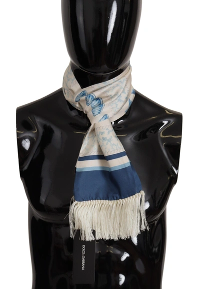 Dolce & Gabbana Blue Silk Shell Print White Shawl Fringes Scarf