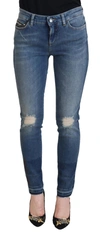 Dolce & Gabbana Blue Washed Cotton Tattered Denim Jeans In Blue