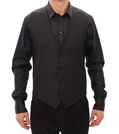 Dolce & Gabbana Gray Striped Wool Logo Vest Gilet Men's Vests