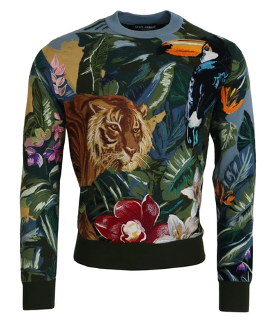 Dolce & Gabbana Jungle Embroidered Wool-silk Men's Sweater In Multicolor