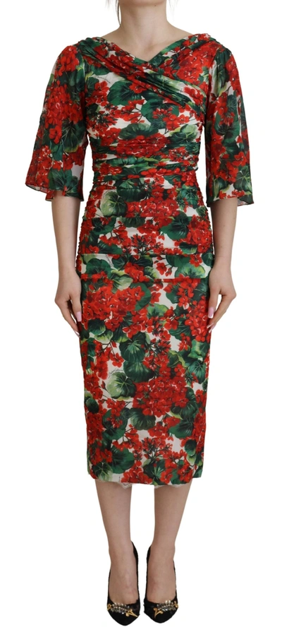 Dolce & Gabbana Multicolor Geranium Silk Sheath Midi Dress