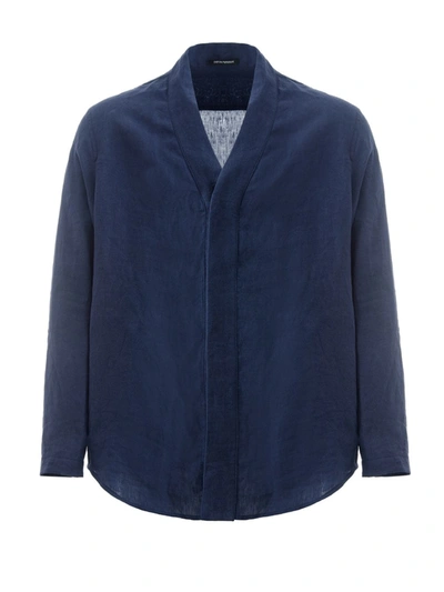 Emporio Armani Elegant Oversize Linen Jacket Men's Shirt In Blue