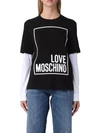 LOVE MOSCHINO LOVE MOSCHINO ELEGANT BLACK COTTON TEE WITH FAUX-LEATHER WOMEN'S LOGO