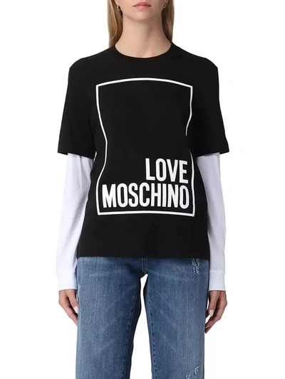 Love Moschino Elegant Black Cotton Tee With Faux-leather Women's Logo