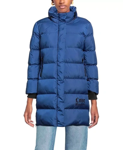 Love Moschino Chic Long Down Jacket With Logo Detail In Blue