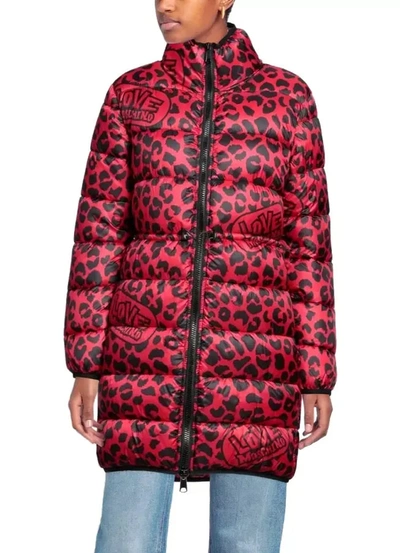 Love Moschino Chic Leopard Print Long Down Women's Jacket In Red