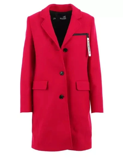 Love Moschino Chic Pink Woolen Coat With Logo Details In Red