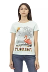 TRUSSARDI ACTION TRUSSARDI ACTION ELEGANT LIGHT BLUE TEE WITH CHIC FRONT WOMEN'S PRINT