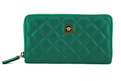 Versace Green Leather Long Zip Around Wallet