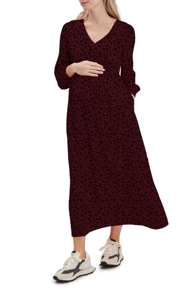 Nom Maternity Leila Floral Print Maternity Nursing Dress In Burgundy Floral