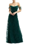 Dessy Collection 3d Embroidered Off The Shoulder Gown In Evergreen