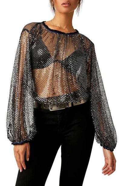 Free People Sparks Fly Sheer Sequin Top In Black Combo