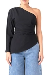 Grey Lab Gathered One-shoulder Asymmetric Top In Black